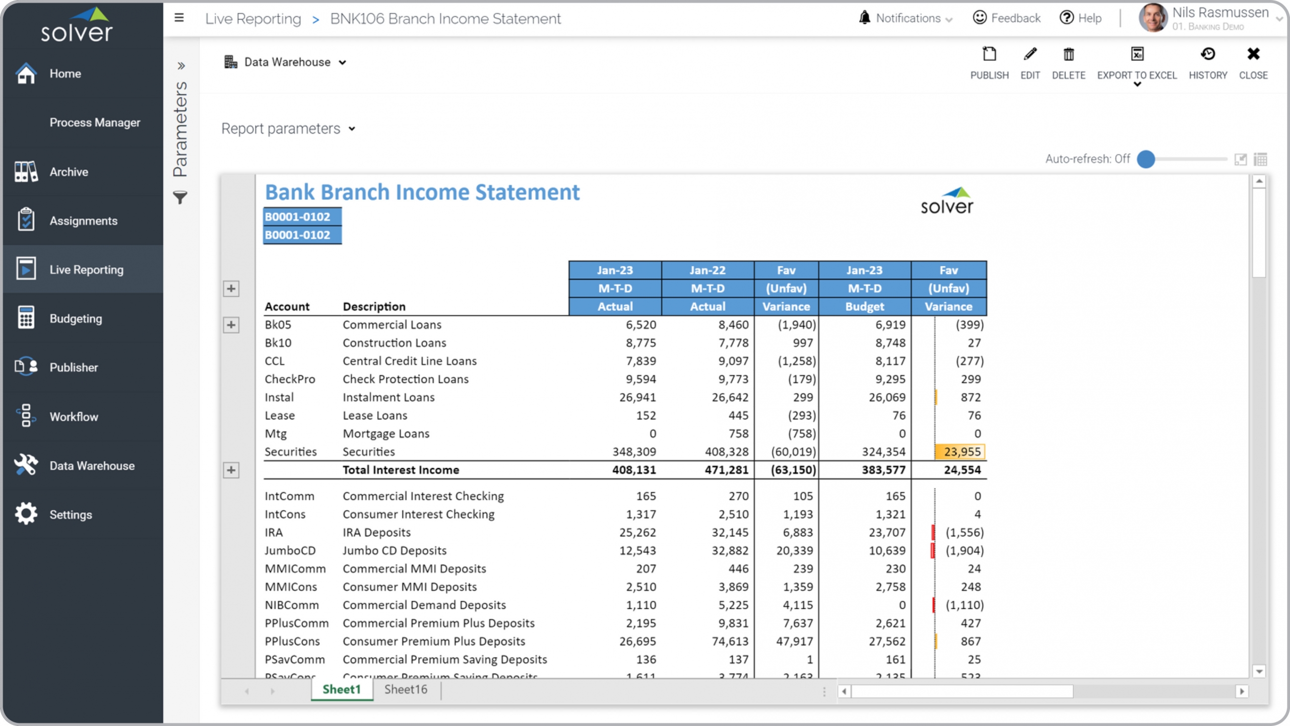 Example of an Income Statement Report for bank branches  