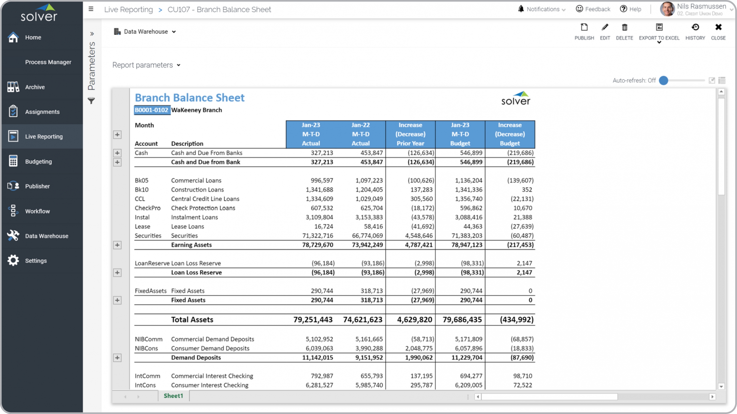 Example of a Balance Sheet Report for credit union branches 