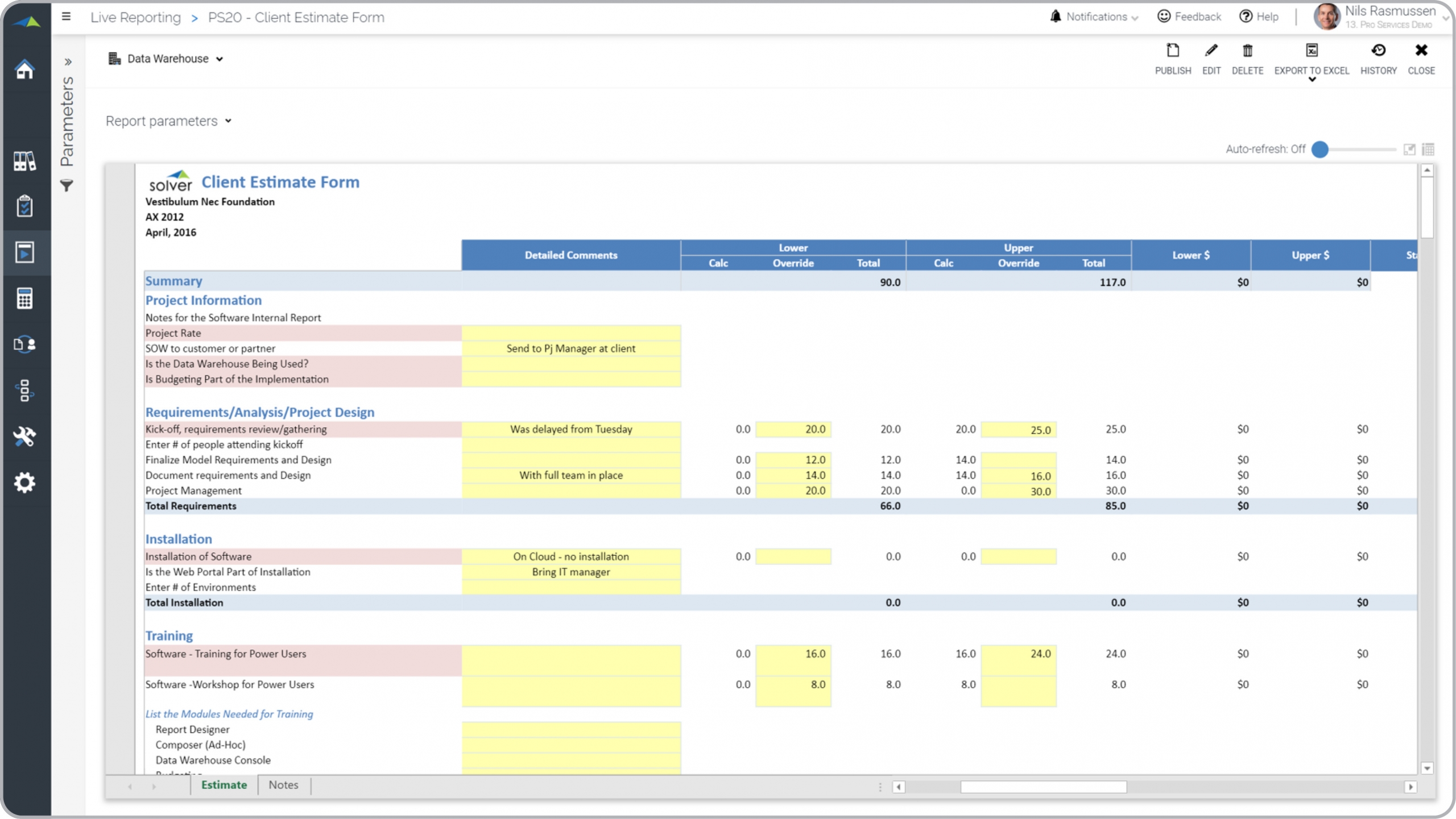 Example of a Client Project Estimate Template for Professional Services Companies  