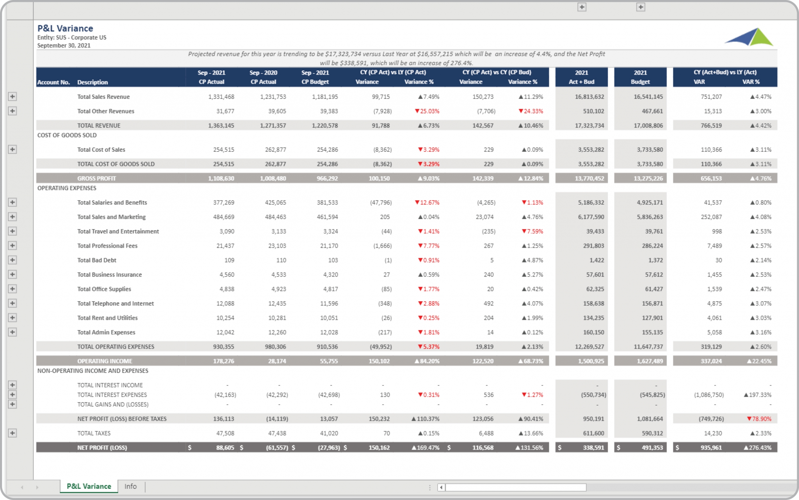 Example of a Profit & Loss Monthly Variance Report to Streamline the Monthly Reporting Process
