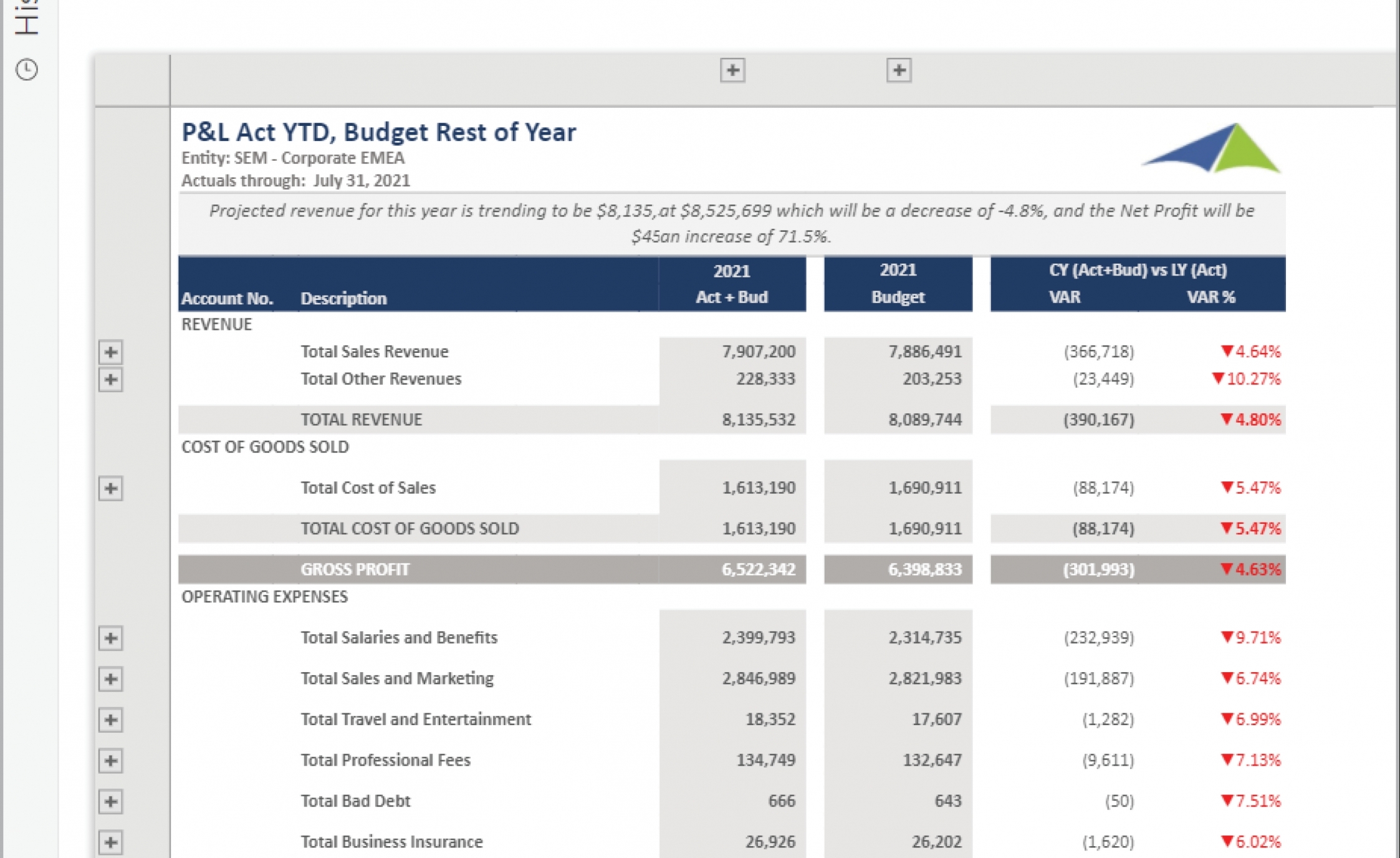 Example of a P&L Report with Automated Full Year Estimate to Streamline the Monthly Reporting Process